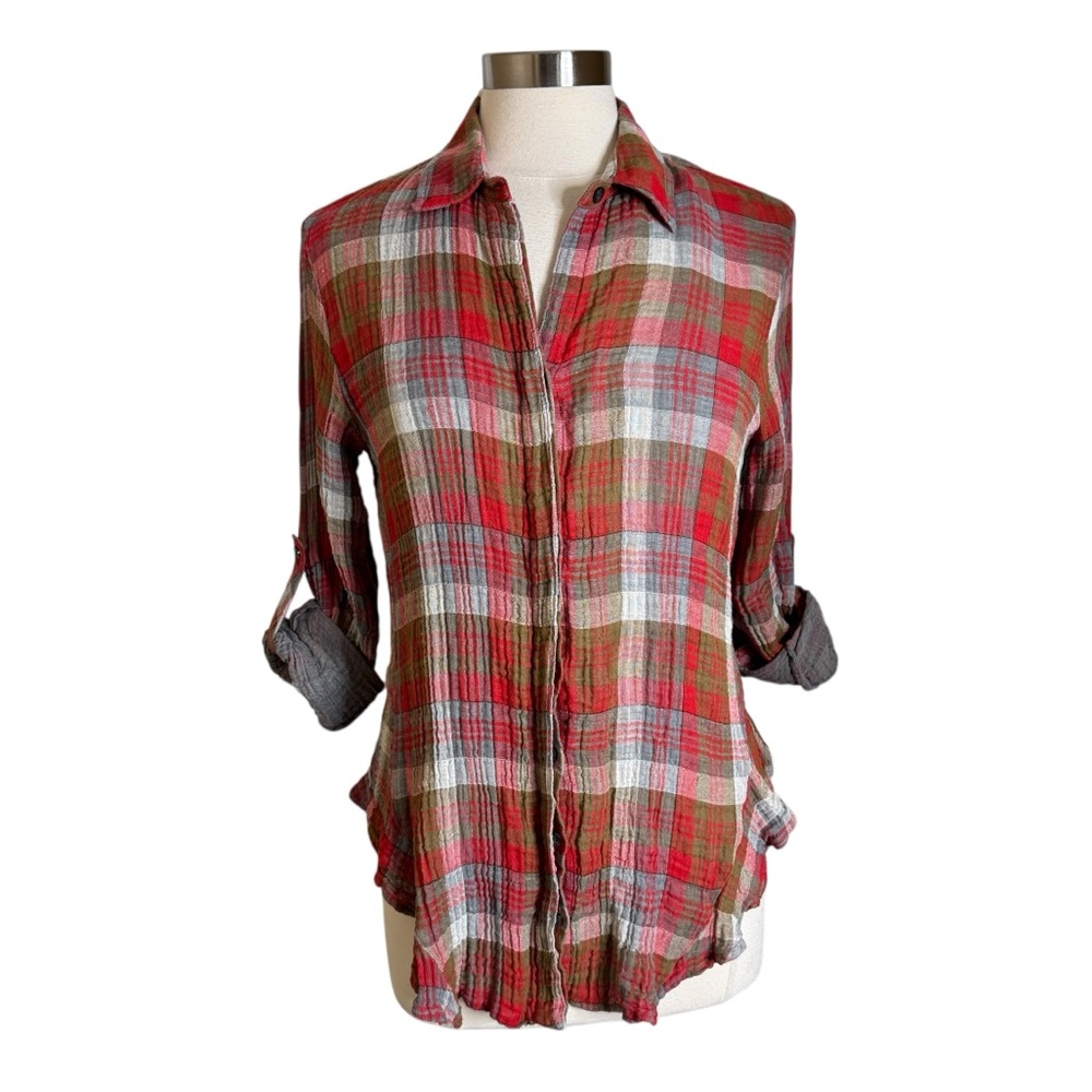 Finley Kings Road Plaid Button Up Roll Tab Sleeve Shirt Womens Size Medium